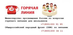 Телефон горячей линии Министерства просвещения Российской Федерации по вопросам организации питания для школьников  +7(800)200-91-85.